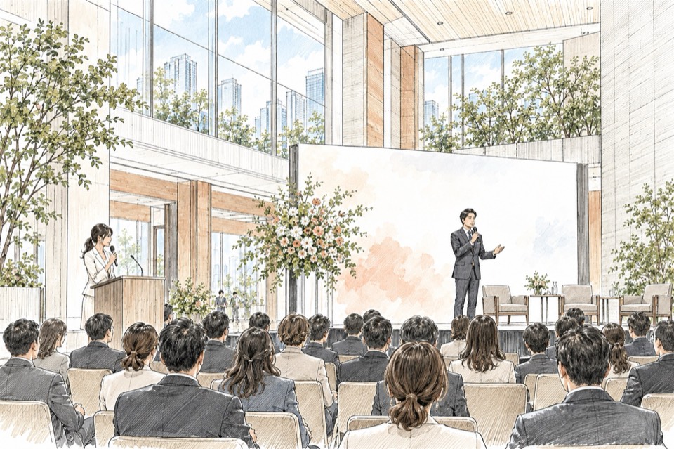 企業イベント・式典で進行する司会者のイメージイラスト