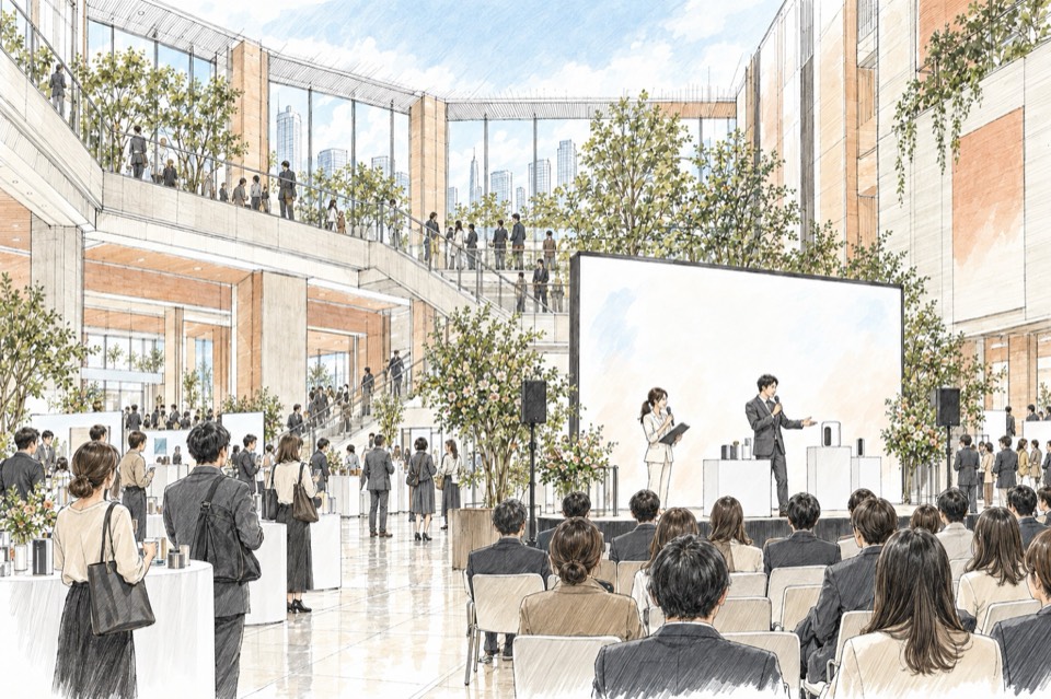展示会・商業施設で進行する司会者のイメージイラスト