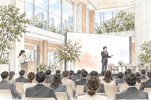 企業イベント・式典の司会の様子のイメージイラスト